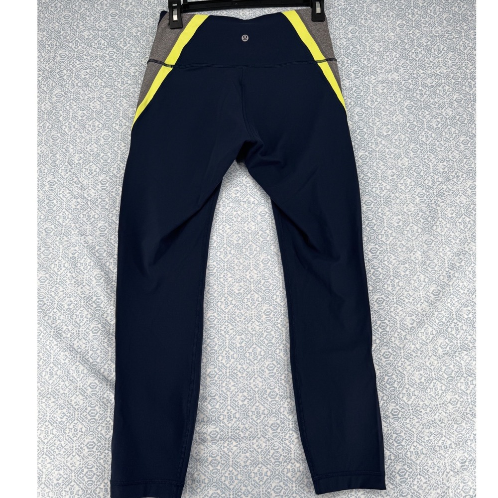 Lululemon Colorblock High Rise Leggings Navy Grey Neon Yellow Size 8 W5BASS